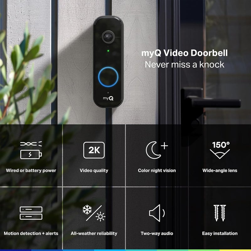 Chamberlain myQ Video Doorbell | 2K Camera, Battery/Wired, Color Night Vision, Live View with 2-Way Talk, Motion Detection & Real-Time Alerts, 150 Deg Wide View, Black - Image 2